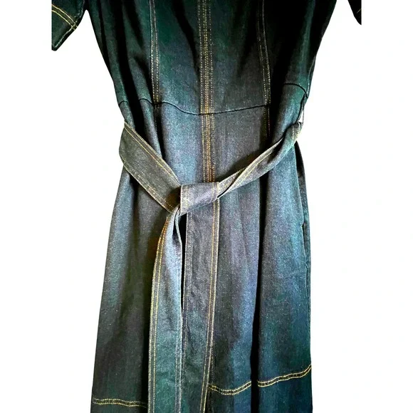 Boden Denim Dress Gold Stitching Pockets Belted Midi Vibrant Blue Wash Cotton - Picture 5 of 10